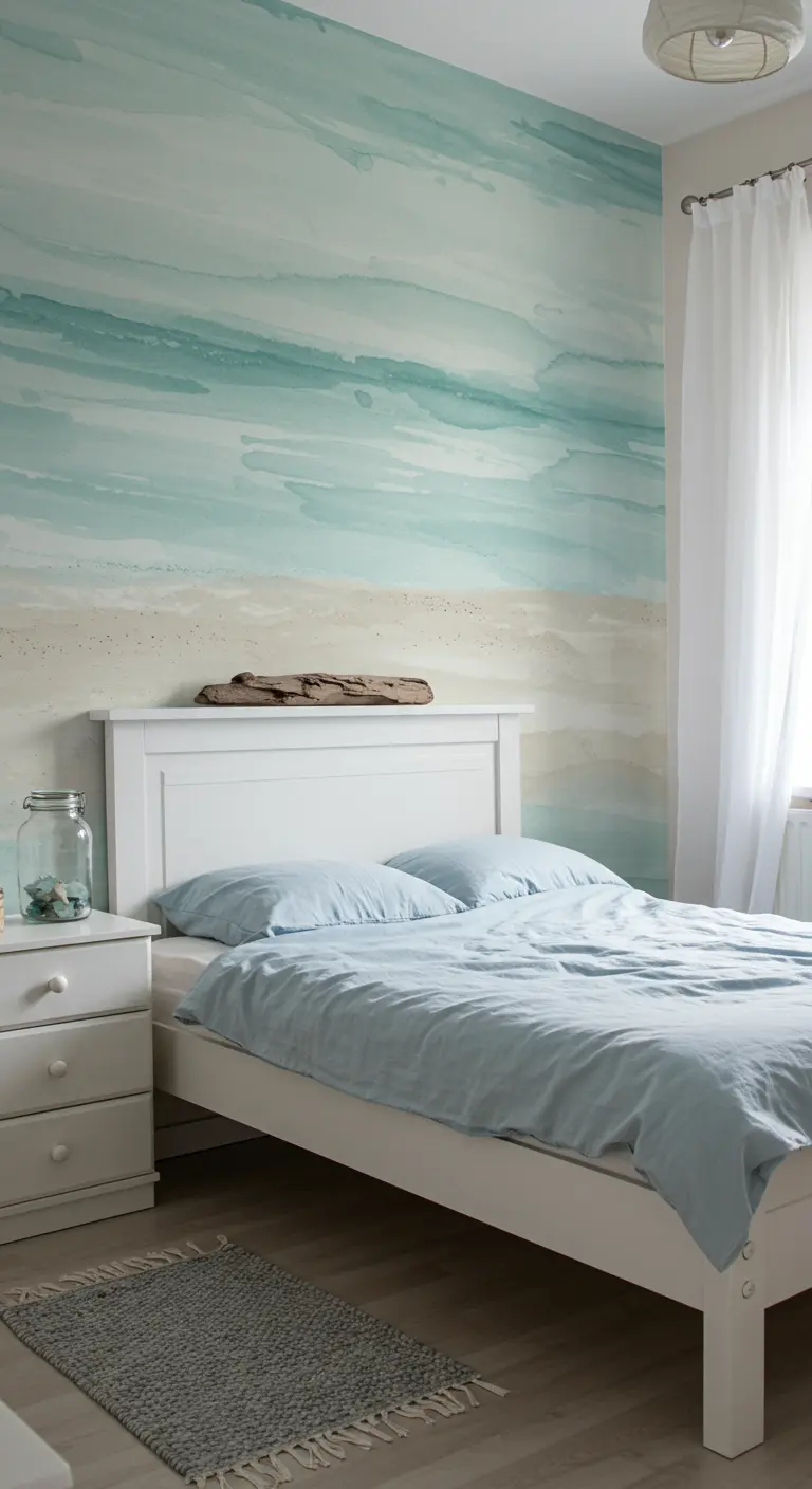 Mural con efecto acuarela en tonos aguamarina y arena, evocando una playa.