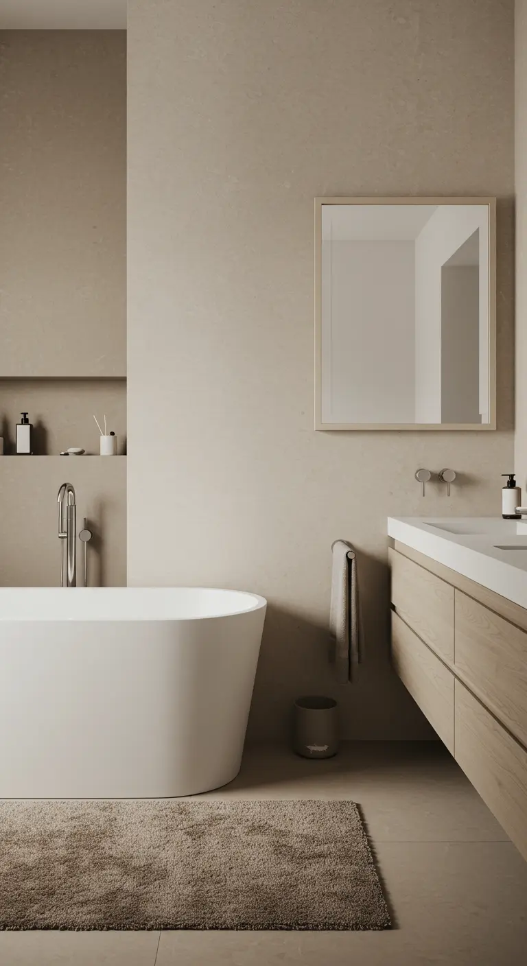 Baño minimalista en tonos beige con bañera exenta, mueble de madera flotante y una alfombra