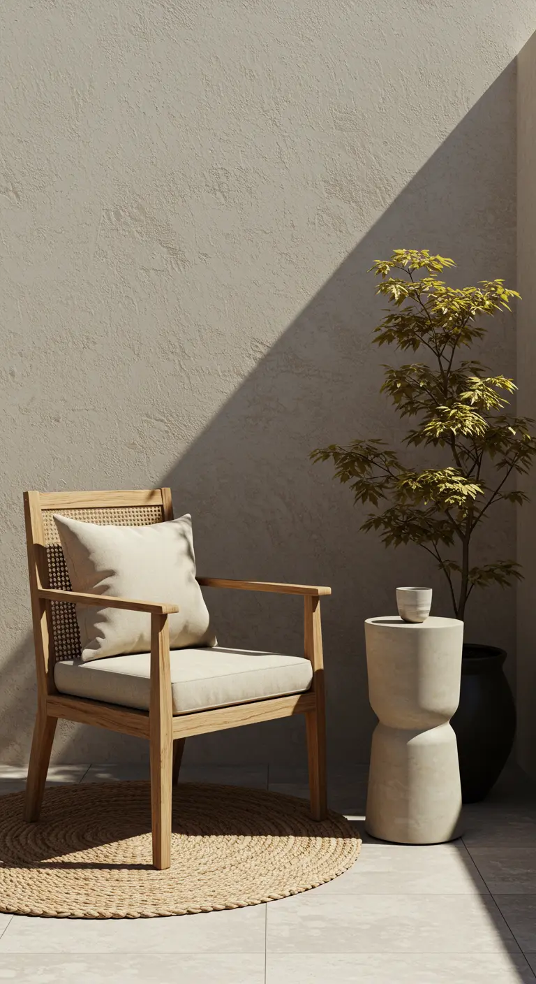 Rincón minimalista con una silla de madera y ratán, una mesita de cemento y una planta.