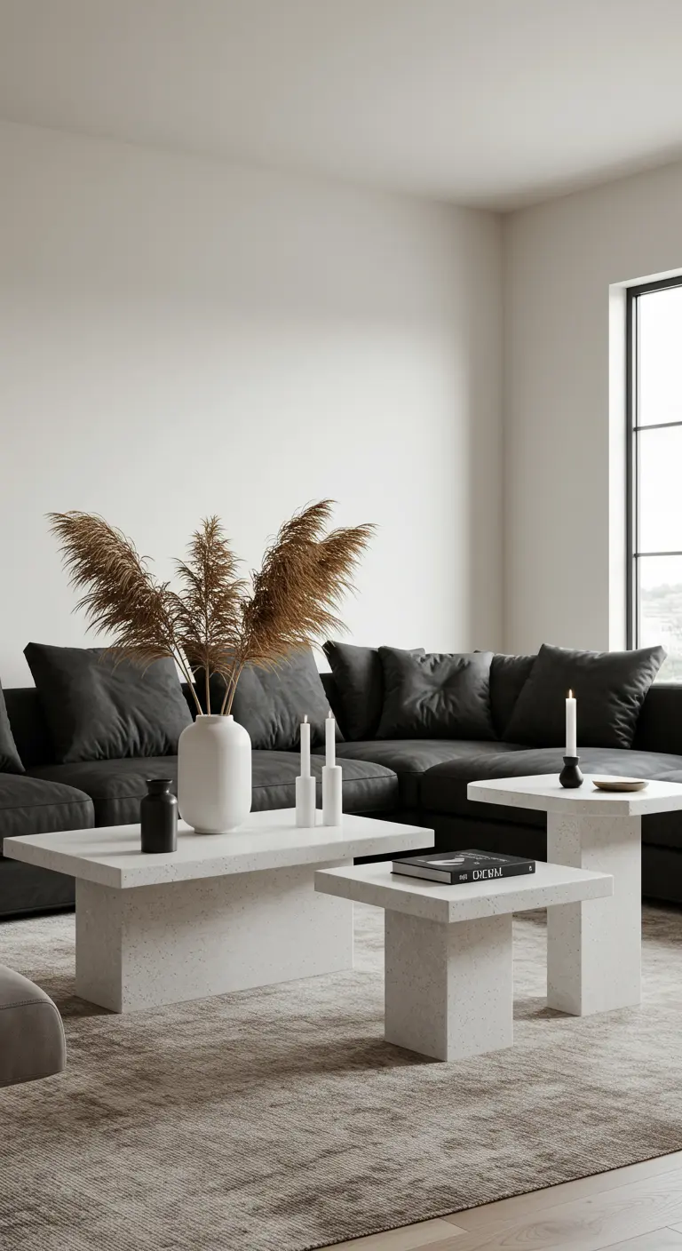 Sala con sofá gris oscuro, mesas de terrazo blanco y un jarrón con hierba de la pampa.