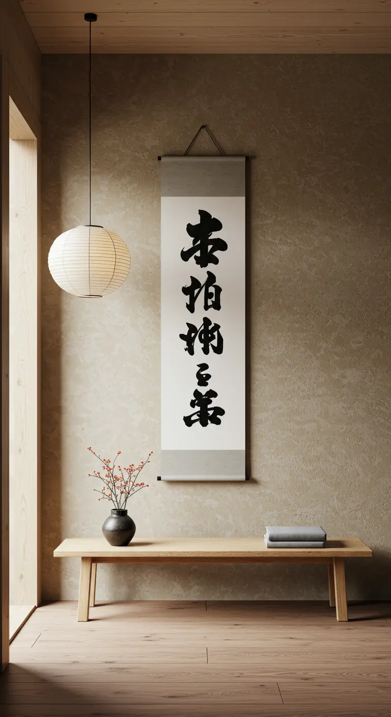 Entrada de estilo japonés con un pergamino de caligrafía colgado sobre un banco de madera.