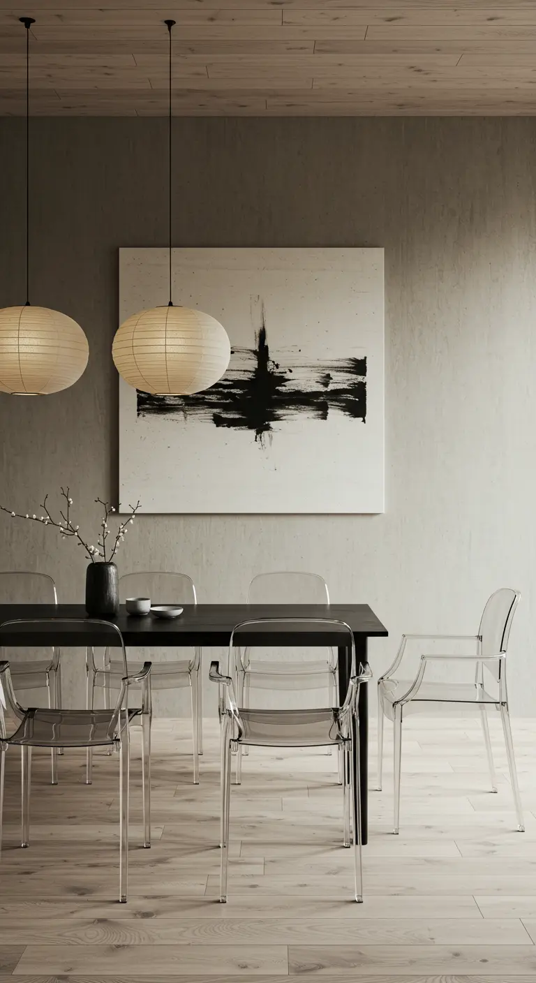 Comedor de estilo japonés con arte abstracto, lámparas de papel y sillas transparentes.