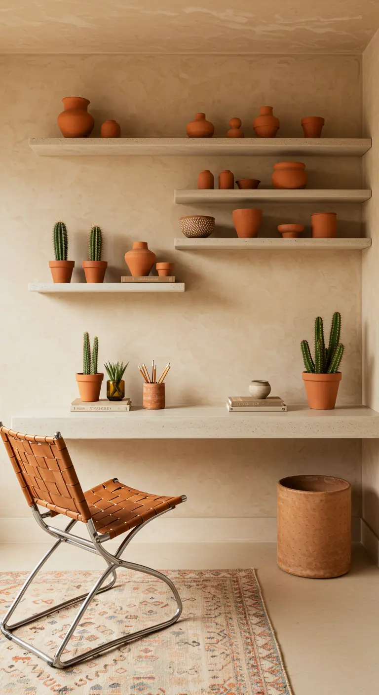 Espacio de trabajo de estilo desértico con paredes texturizadas, escritorio de piedra y decoración con cactus.
