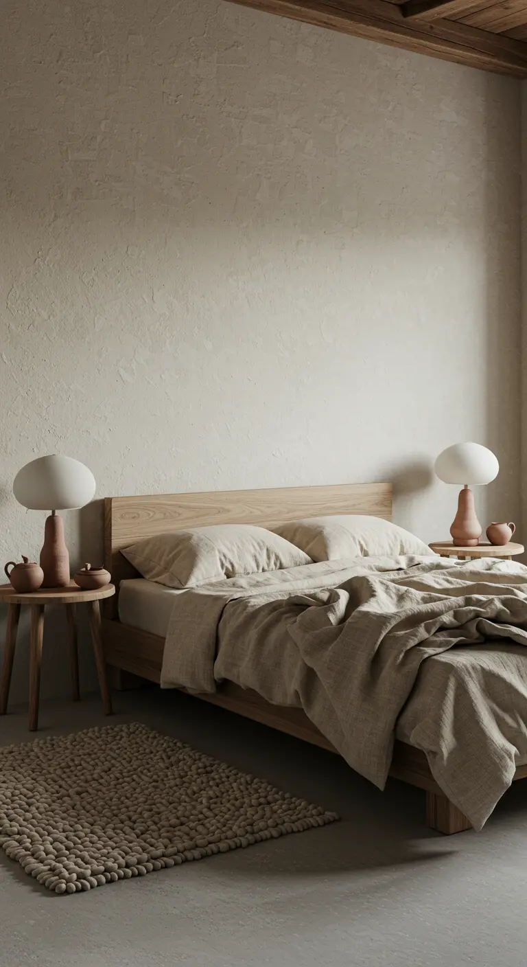 Dormitorio sereno con paredes texturizadas, cama de madera y lámparas de cerámica orgánica
