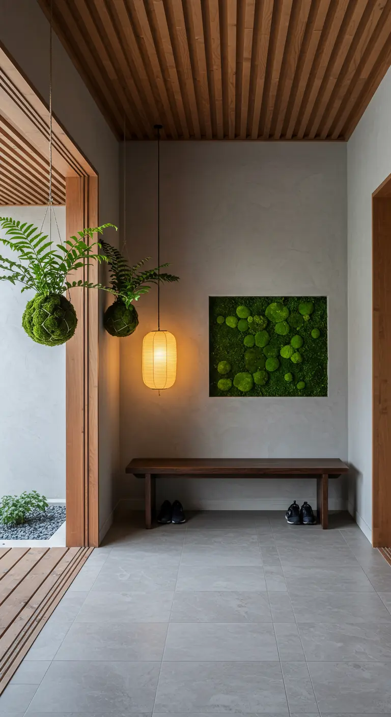 Recibidor de inspiración japonesa con kokedamas colgantes, banco de madera y panel de musgo.