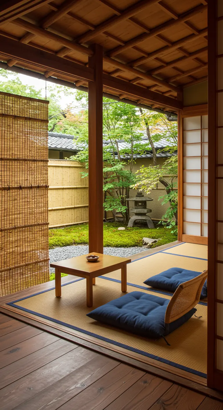 Porche de estilo japonés con tatami, cojines bajos y vistas a un jardín zen.