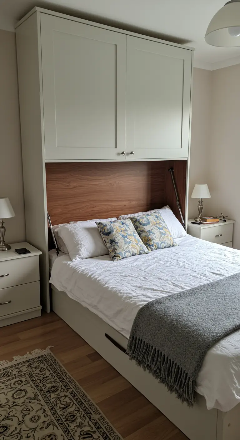 Cama abatible de madera y blanco con mesitas de noche y cojines florales.