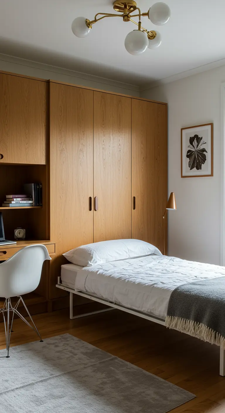 Cama extraíble debajo de un sistema de armarios y escritorio de madera.