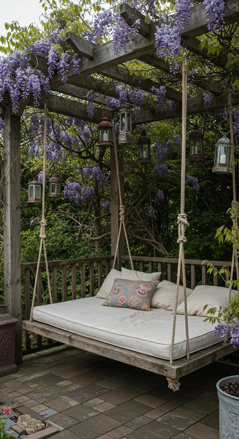 Cama colgante de madera bajo una pérgola cubierta de glicinas, con cojines y pequeños faroles