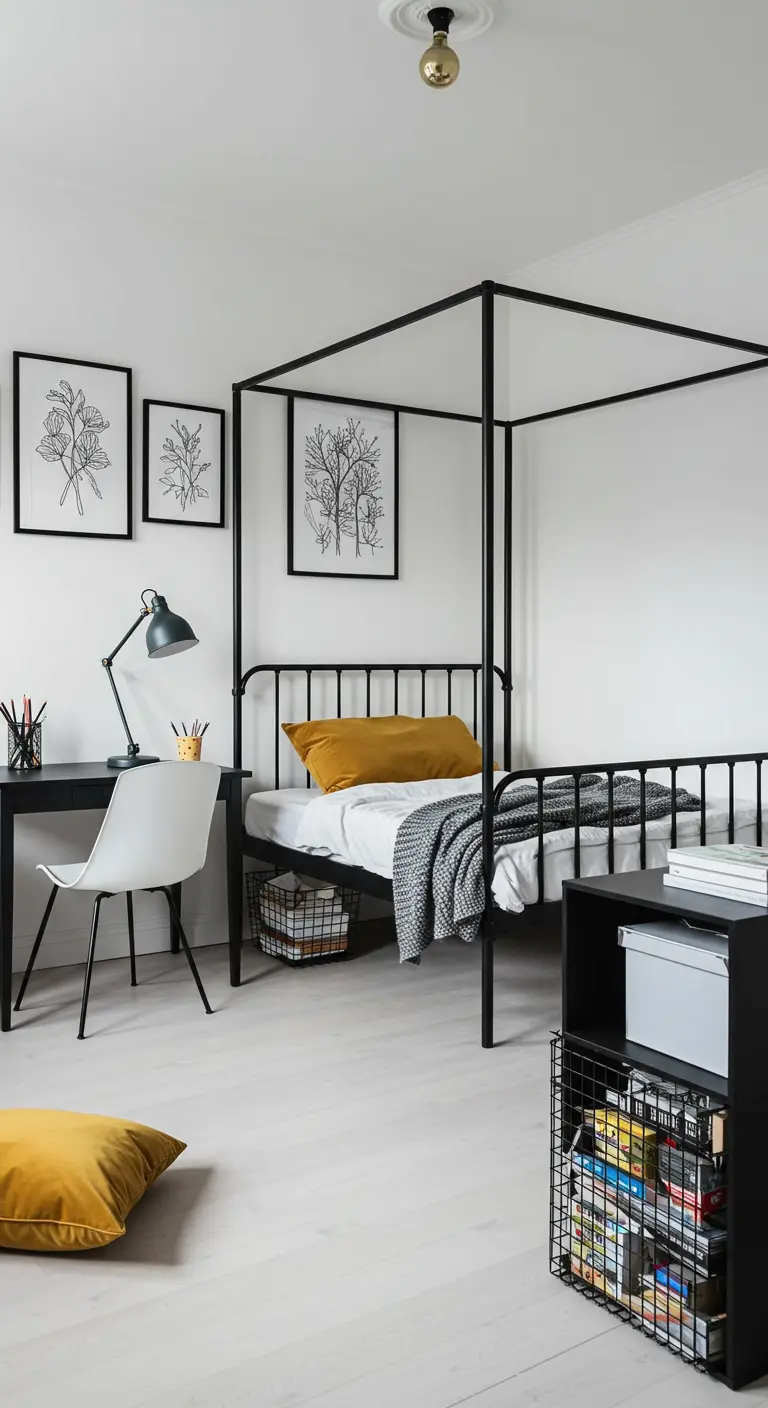 Dormitorio minimalista con una cama con dosel de estructura metálica negra.