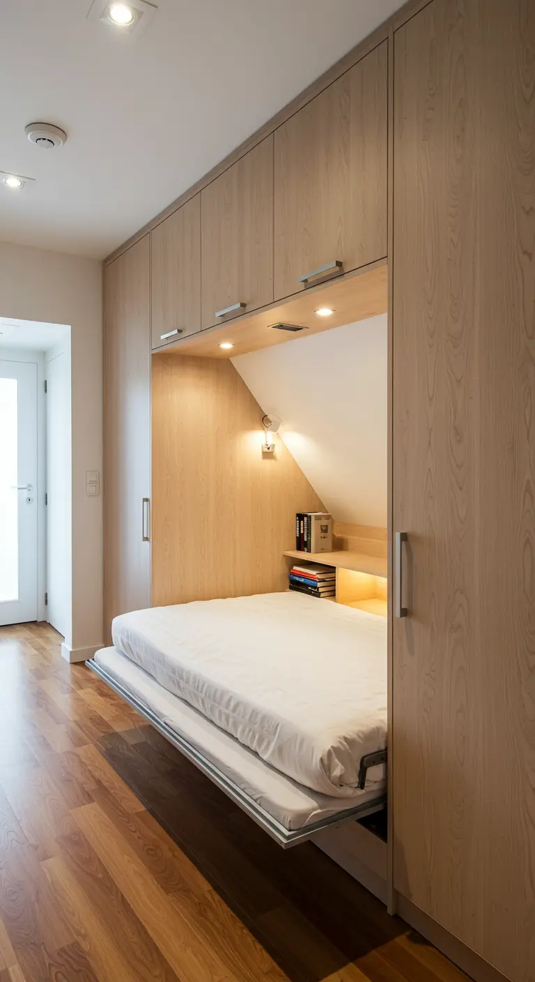 Cama abatible de madera clara oculta en un armario bajo la zona de la escalera