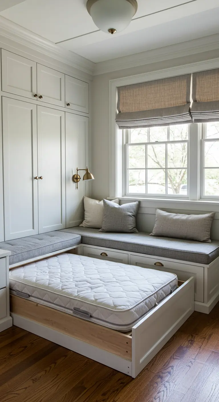 Asiento de ventana en L del que se extrae una cama individual para invitados.