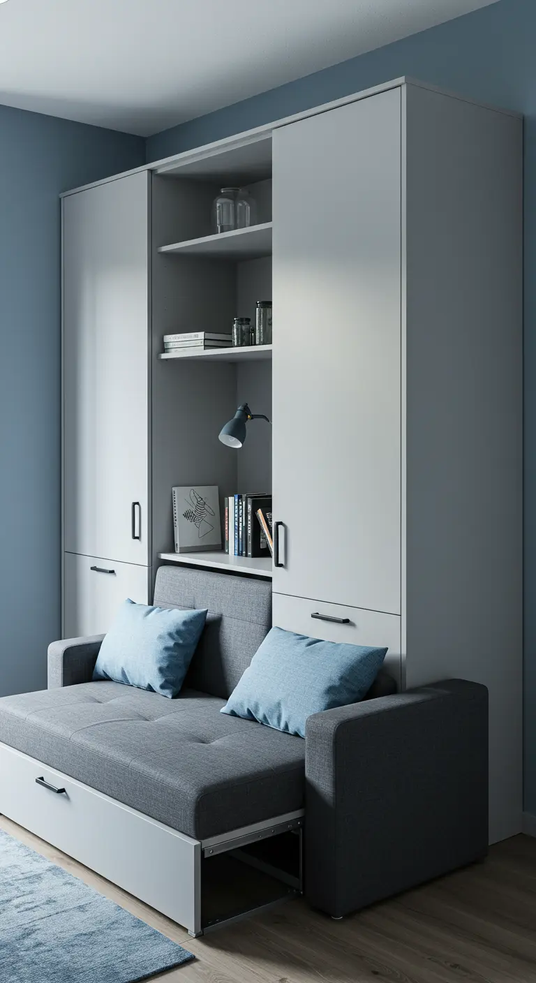 Un armario blanco alto con un sofá gris integrado, que oculta una cama abatible.