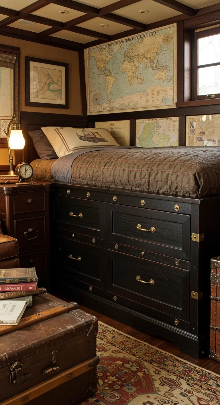 Cama alta de madera oscura estilo capitán con múltiples cajones y tiradores de latón en un cuarto temático.