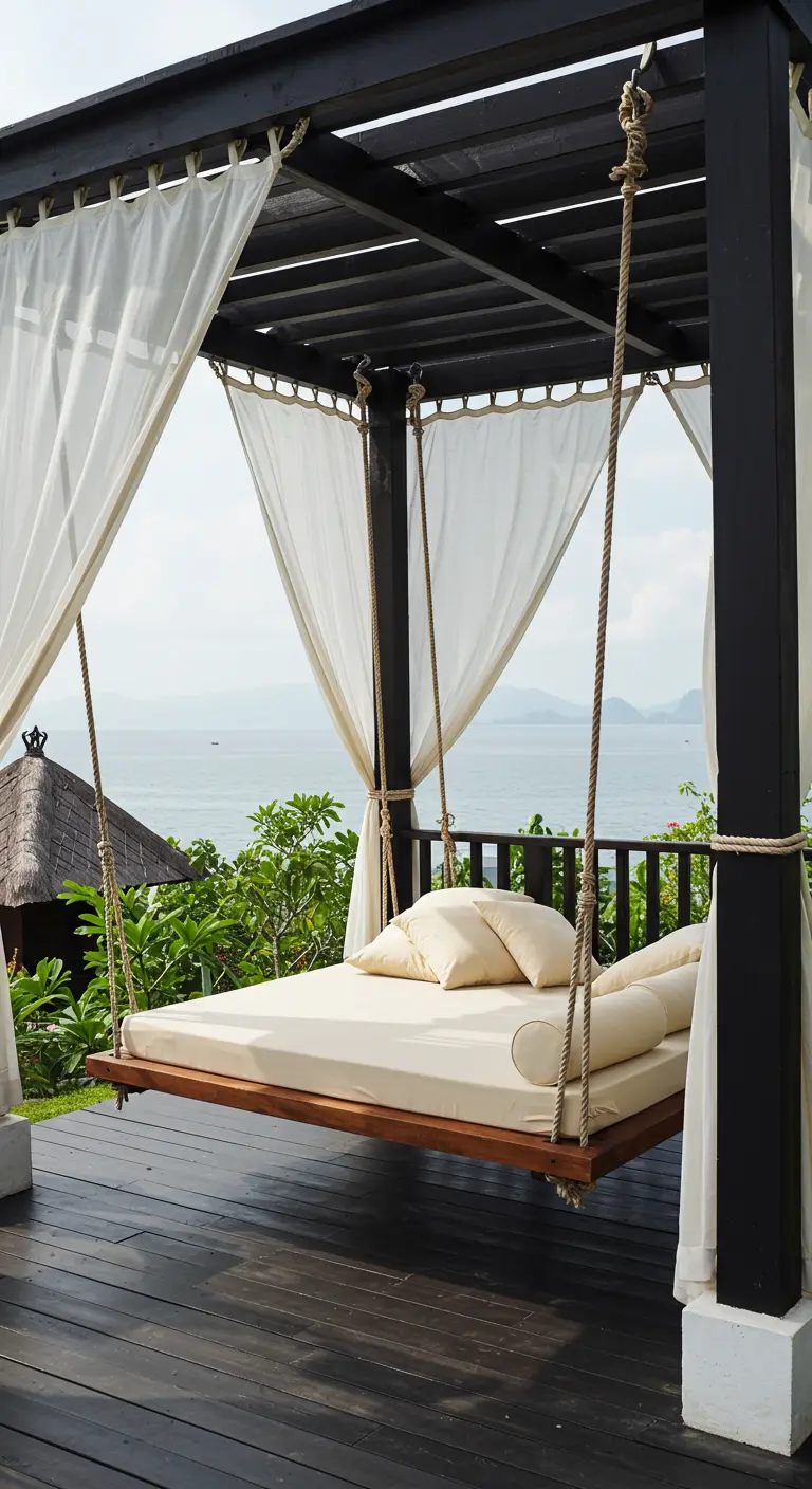 Cama colgante de madera con cojines beige en un porche con vistas al mar.