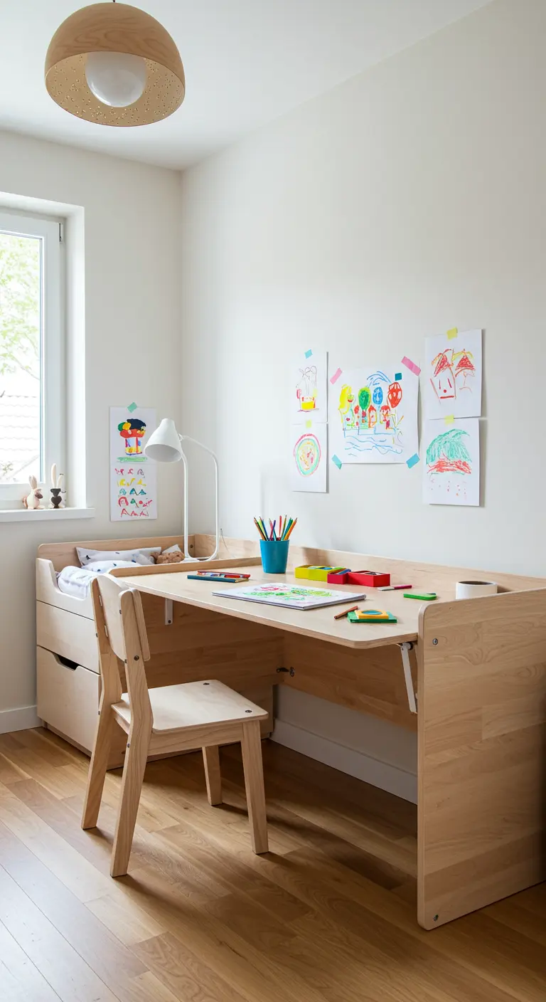 Cama infantil de madera clara con un escritorio desplegable y una silla, en una habitación luminosa.