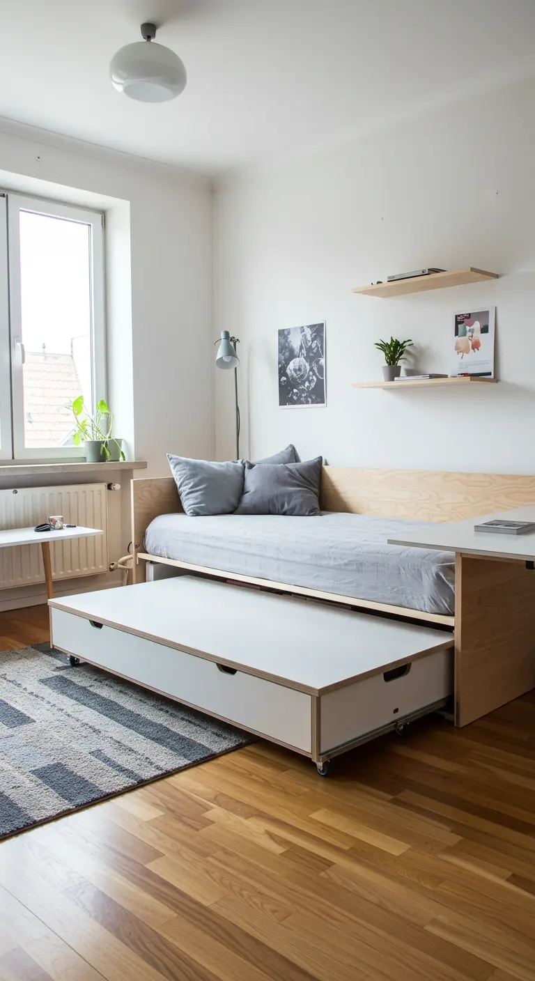 Cama nido de madera clara con la cama inferior extraíble sobre ruedas.