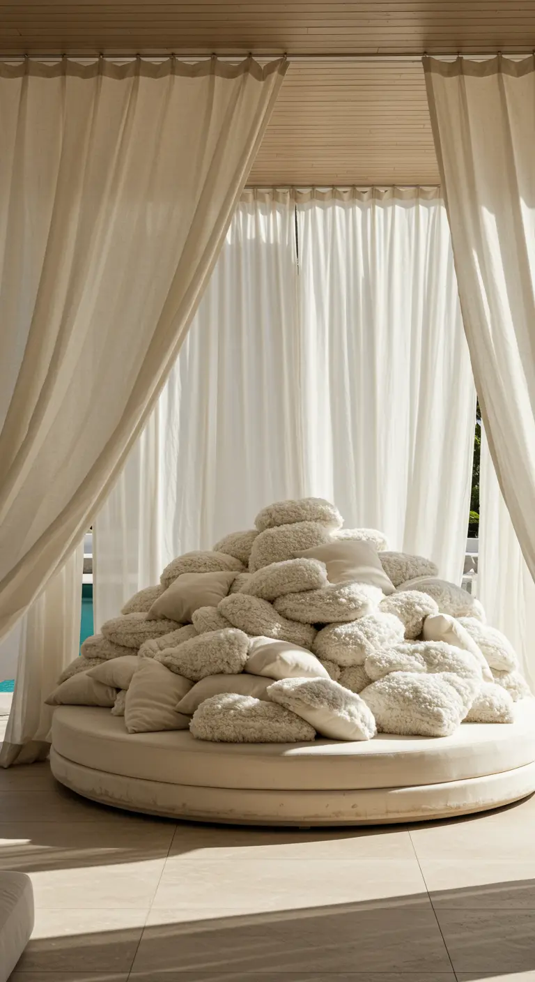 Cama redonda de exterior bajo un dosel, cubierta por una montaña de cojines blancos y crudos.