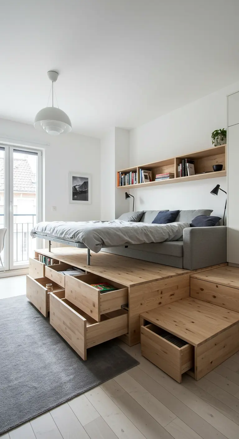 Cama elevada sobre una plataforma de madera con múltiples cajones y escalones de almacenamiento.