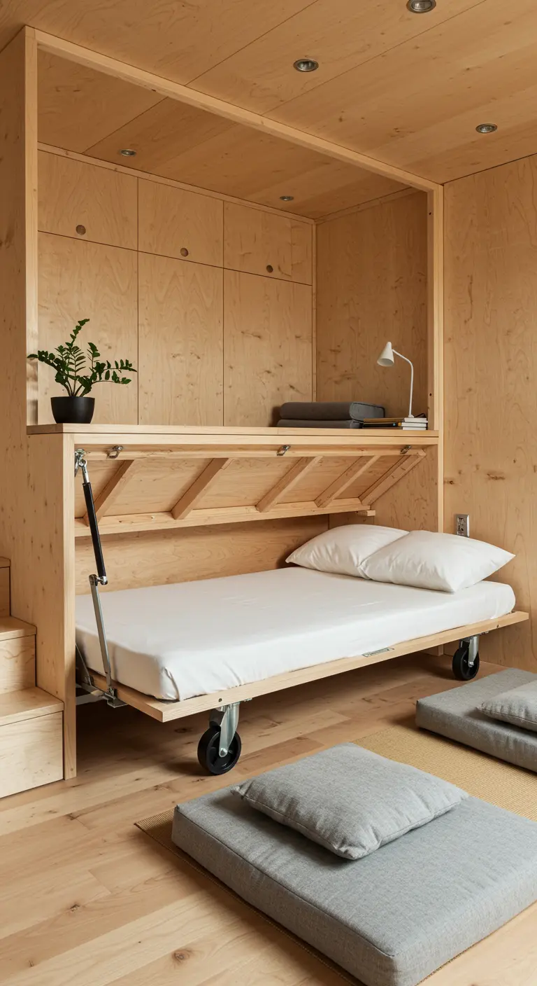 Cama plegable con ruedas saliendo de un armario de madera en un espacio multifuncional.
