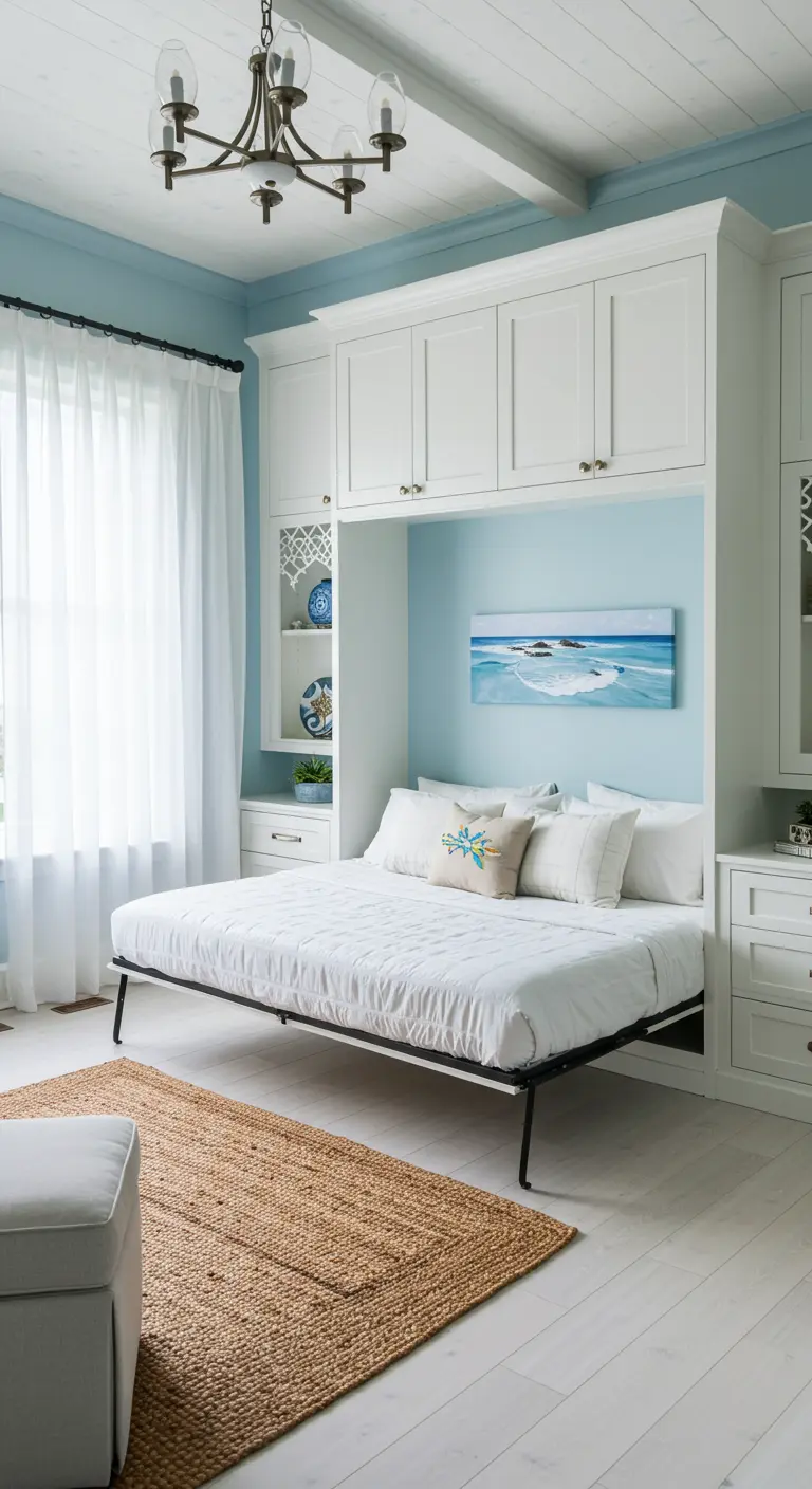 Cama abatible blanca abierta en una habitación con paredes azul claro.