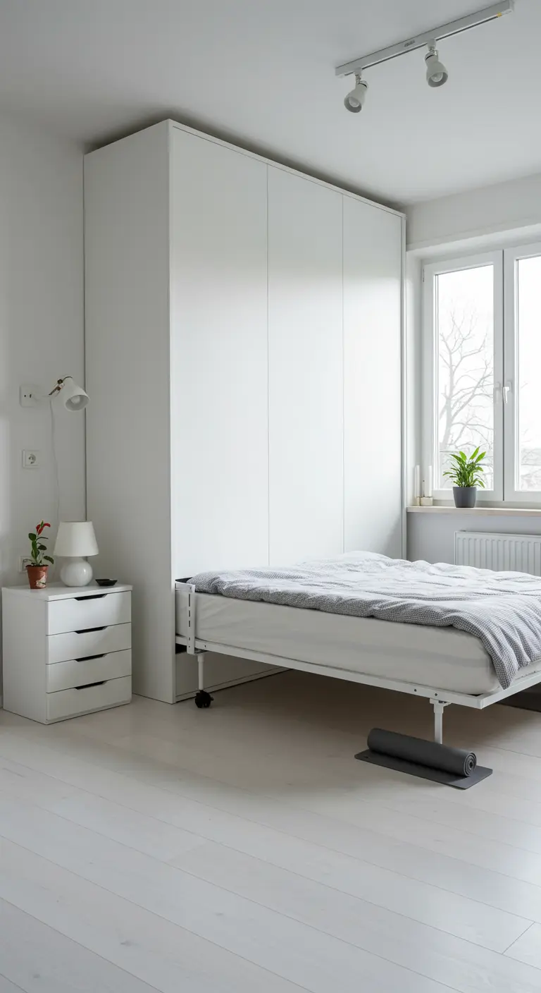 Cama con ruedas que se desliza desde debajo de una plataforma en un dormitorio blanco minimalista.