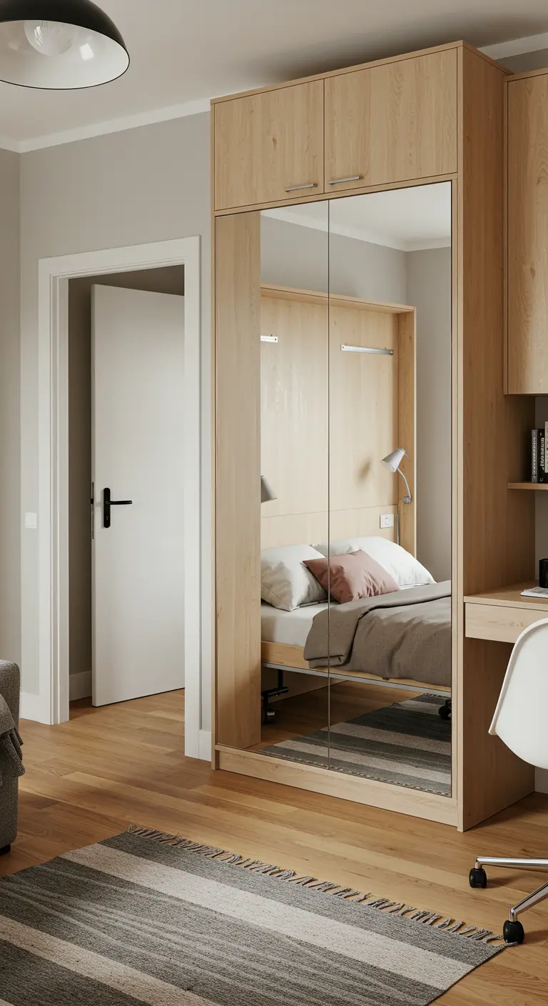 Cama abatible cerrada con puertas de espejo en un apartamento tipo estudio