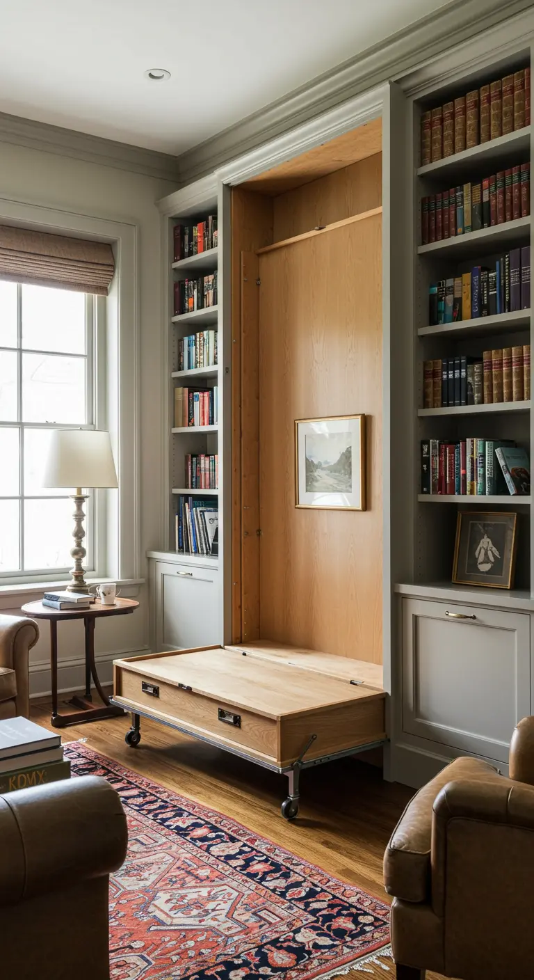 Cama abatible con base con ruedas que se extrae de una librería de estilo clásico.