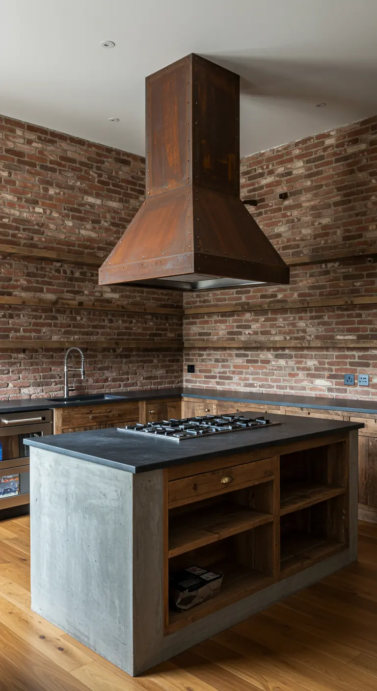Cocina rústica industrial con una gran campana de acero oxidado sobre una isla de hormigón.