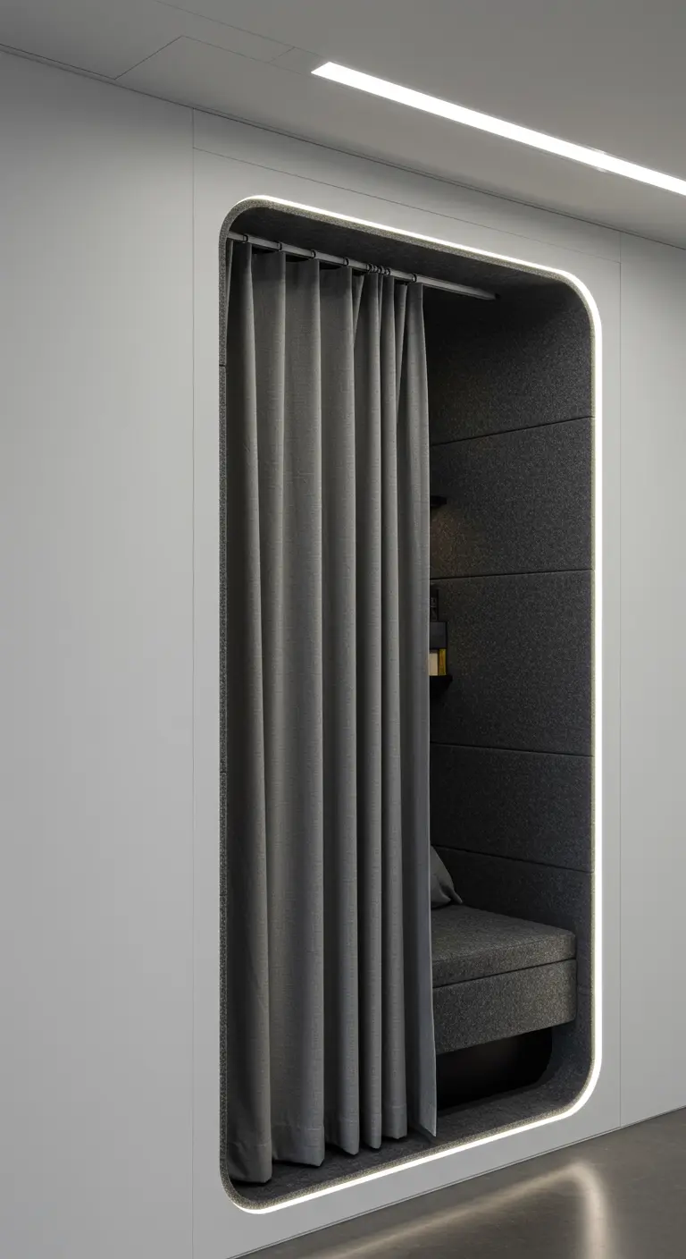 Nicho de lectura moderno y minimalista con paredes de fieltro y luz LED integrada