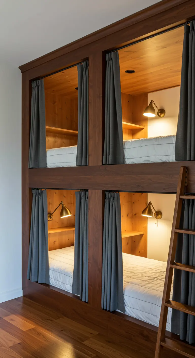 Estructura de madera con cuatro camas tipo cápsula con cortinas individuales para privacidad.
