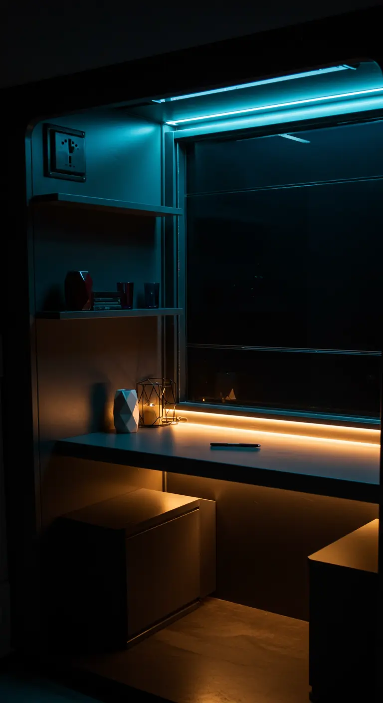 Escritorio moderno y compacto con iluminación LED azul en un espacio oscuro.