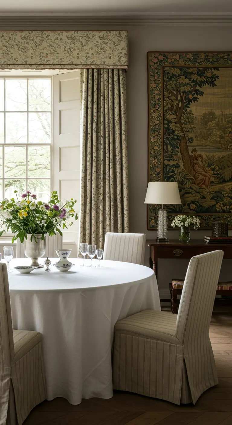 Comedor refinado con sillas con fundas de tela a rayas y un gran tapiz en la pared.