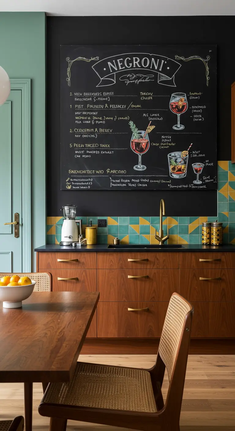 Cocina de estilo mid-century con una pared de pizarra que muestra una carta ilustrada de cócteles Negroni.