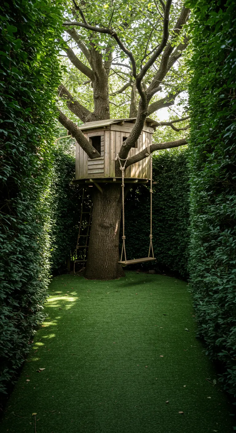 Casa de madera en un gran árbol, rodeada de setos altos y con un columpio de cuerda