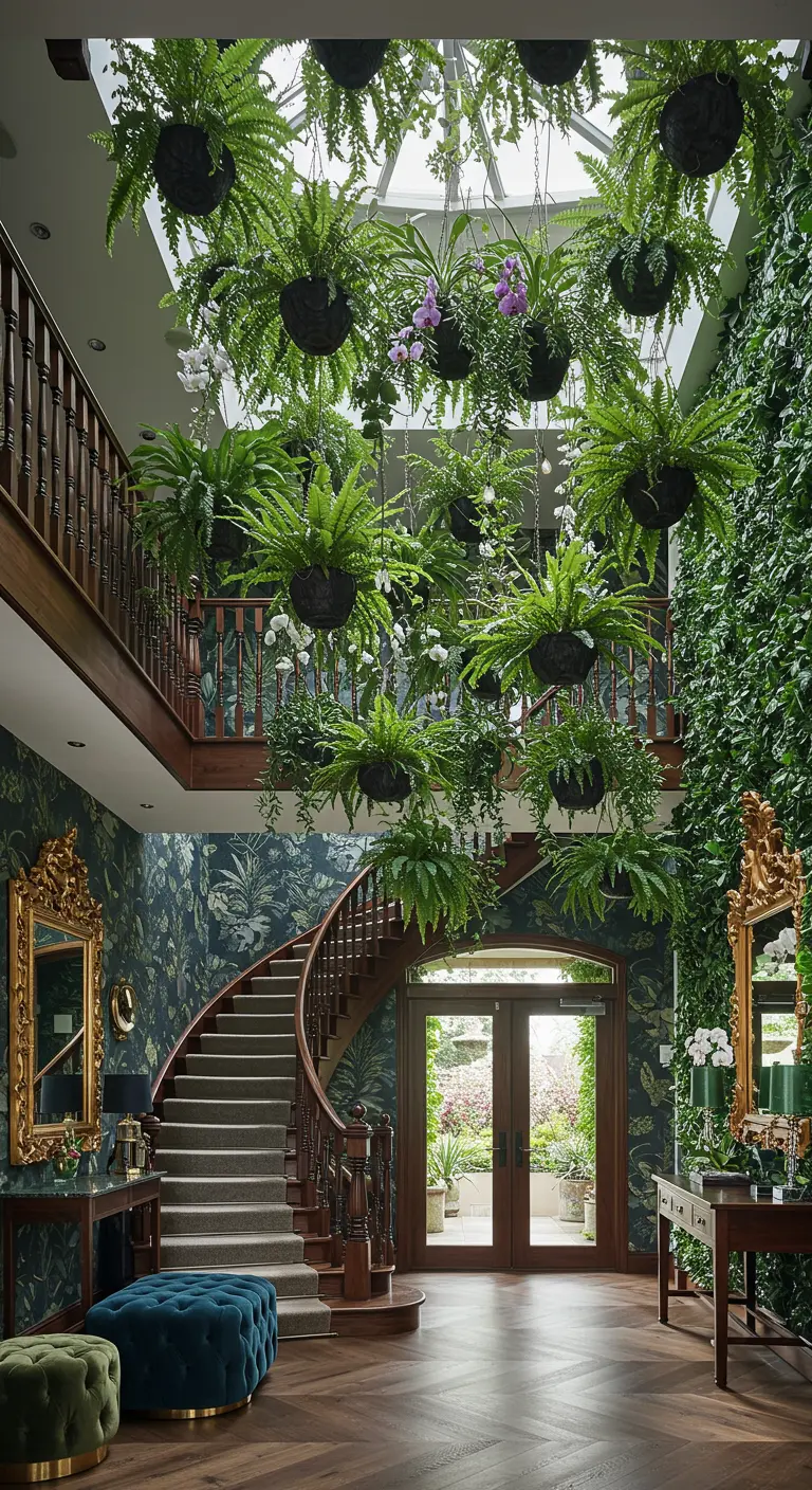 Recibidor de doble altura con una cascada de helechos y plantas colgando del techo y la barandilla.