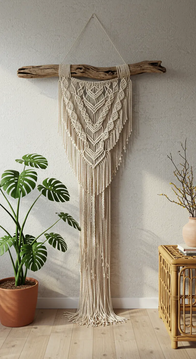 Tapiz de macramé extralargo colgado de una rama de madera natural en una sala de estar de estilo bohemio.