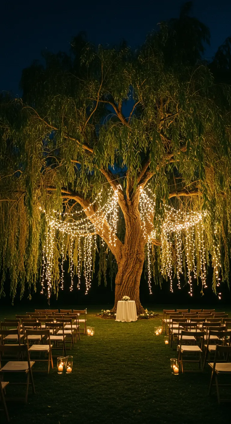 Un gran sauce llorón iluminado con cascadas de luces de hadas para una ceremonia.