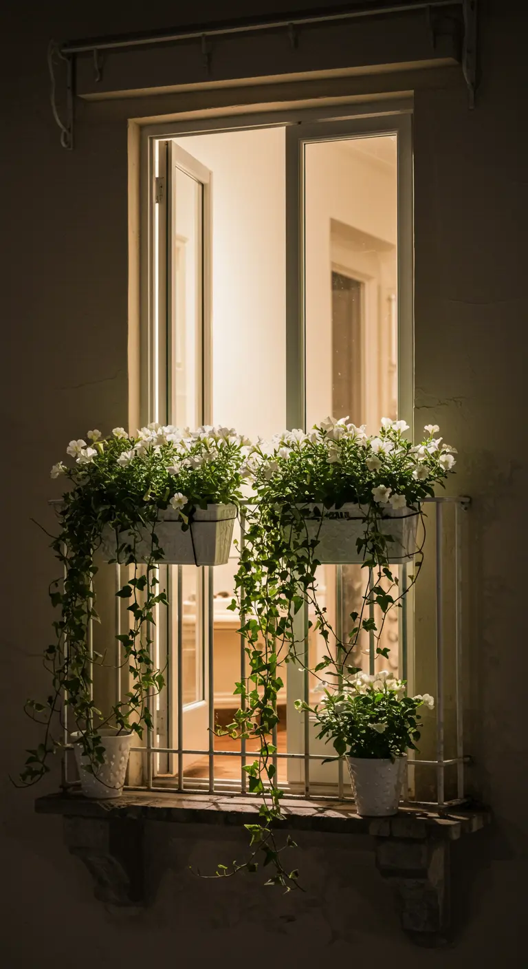 Jardinera de ventana con flores blancas colgantes iluminada suavemente desde el interior.