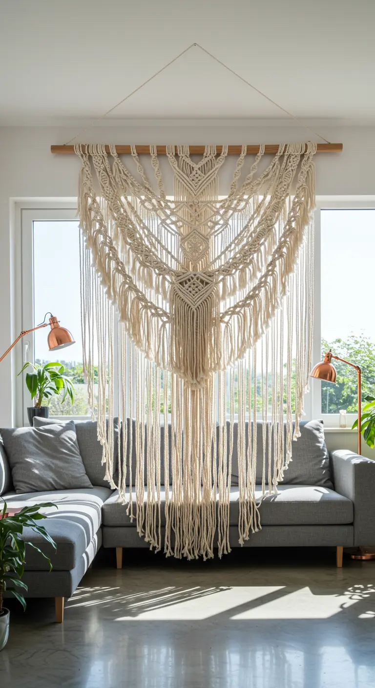 Tapiz de macramé XXL en color crudo colgado sobre un sofá gris en una sala luminosa.