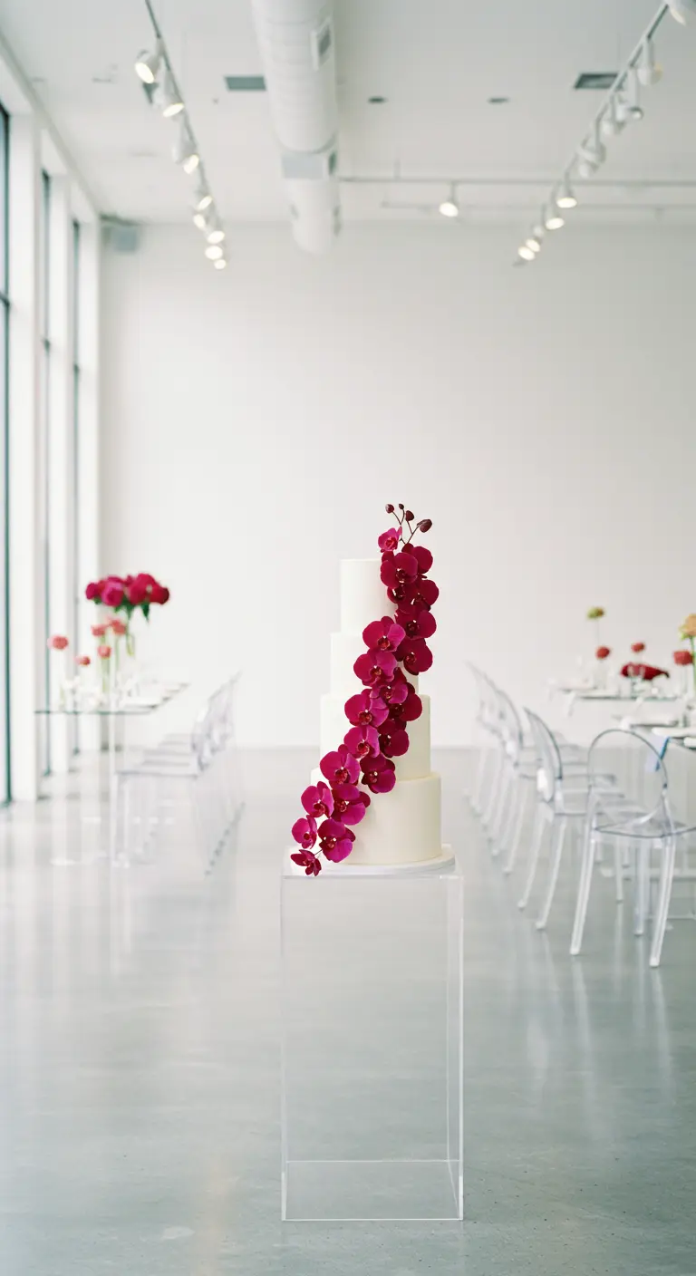 Pastel de bodas blanco y minimalista con una cascada de orquídeas fucsia.