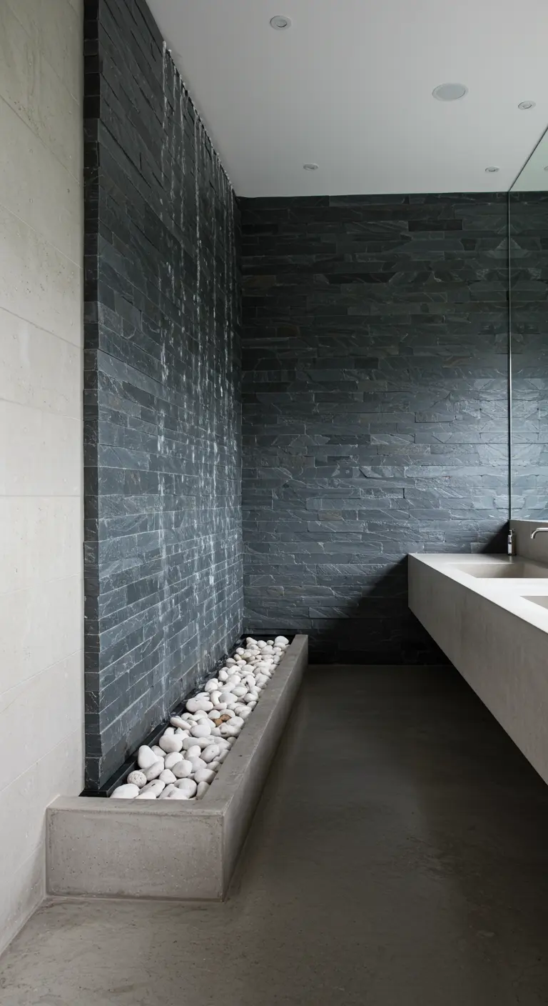 Baño moderno con una cascada de agua en una pared de pizarra que cae sobre piedras blancas.