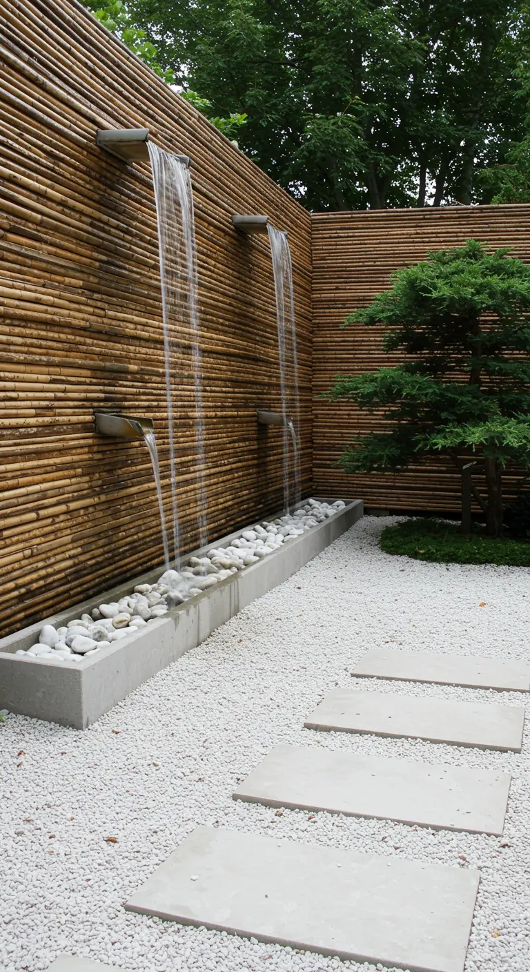 Pared de bambú con varias cascadas que caen sobre un lecho de piedras blancas.