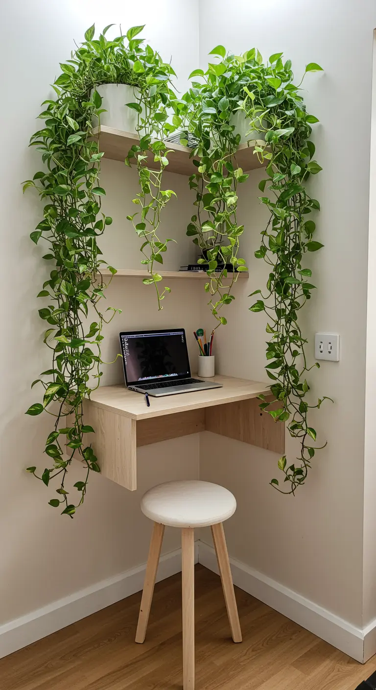 Rincón de oficina con escritorio flotante y estantes superiores de los que cuelgan plantas de potos.