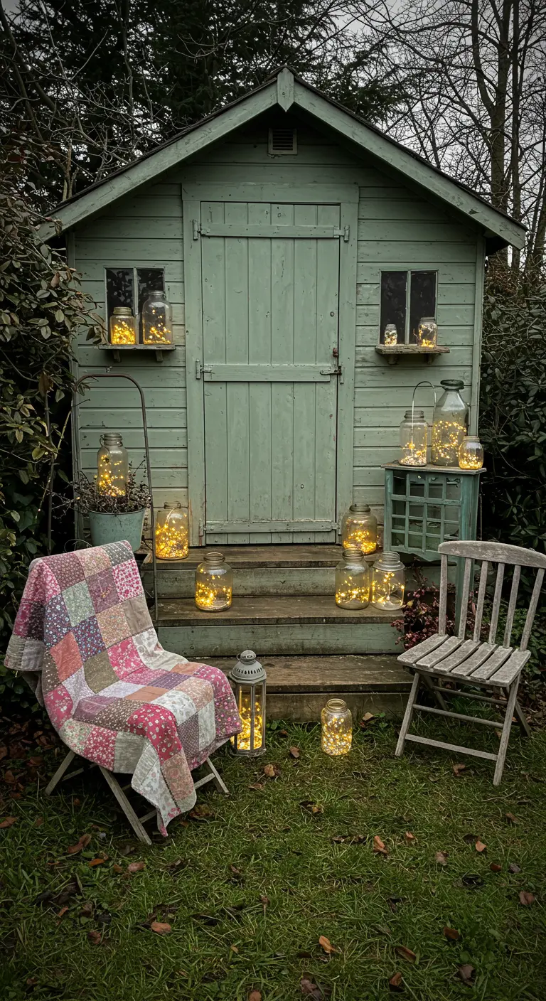 Caseta de jardín de madera decorada con luces dentro de frascos de cristal y una colcha de patchwork.