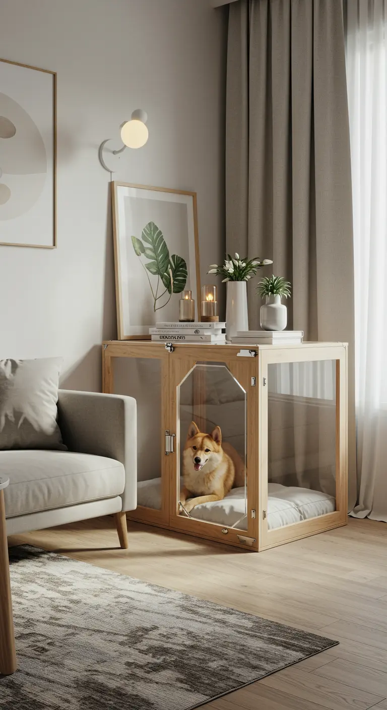Perrito Shiba Inu descansando dentro de una caseta moderna con estructura de madera y paredes de acrílico