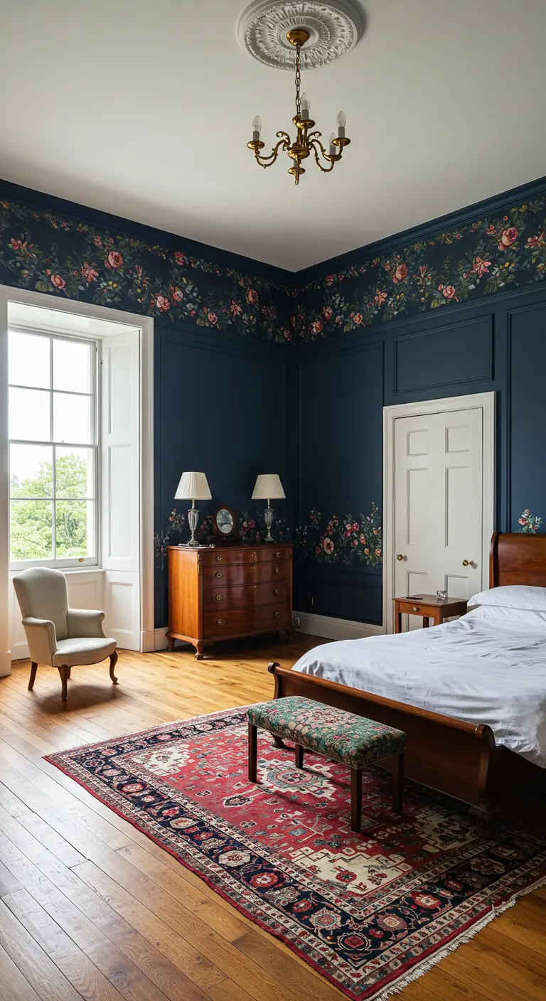 Dormitorio con paredes de paneles azul oscuro y una cenefa de papel tapiz floral en la parte superior