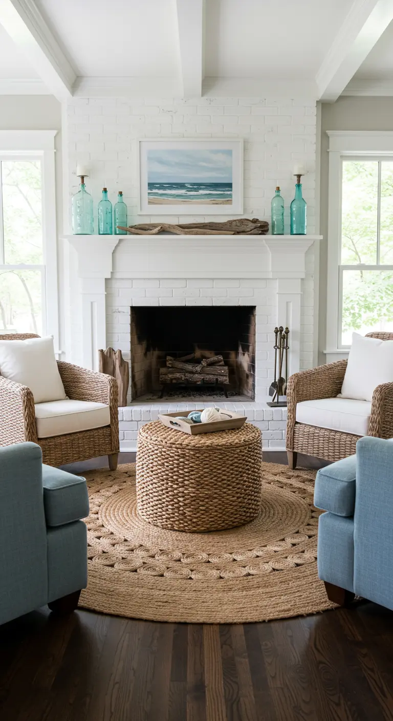 Chimenea blanca decorada con madera flotante y botellas de vidrio, rodeada de sillones