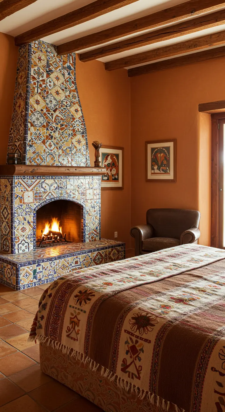 Impresionante chimenea cubierta de azulejos de talavera de colores en un dormitorio rústico.