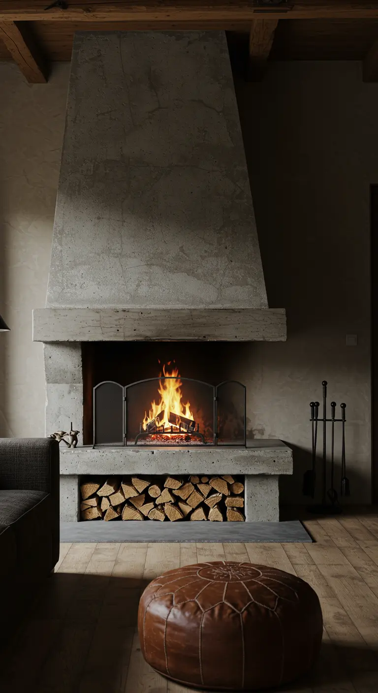 Imponente chimenea de hormigón en una sala de estar rústica con leña apilada.